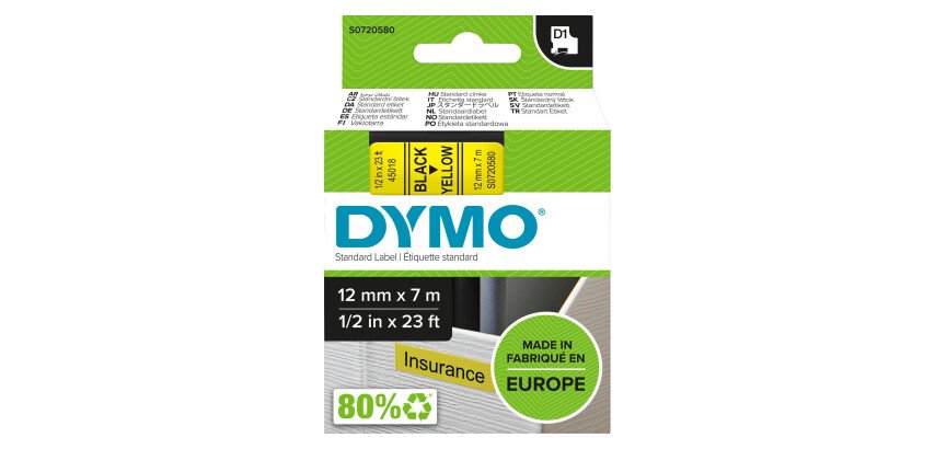 Polyester lint Dymo D1 12 mm kleur, zwart schrijven