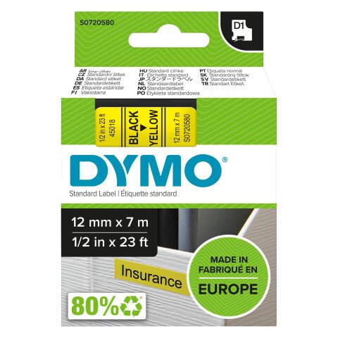 Cintas 12 mm escritura negra, fondo amarillo Ref. Dymo 45018