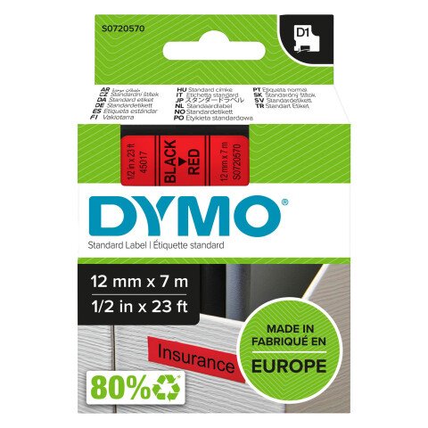 Cintas 12 mm escritura negra, fondo rojo Ref. Dymo 45017