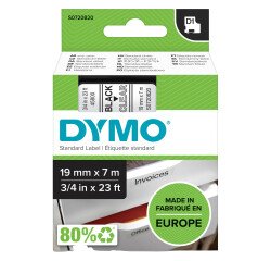 Cinta Dymo D1 Ancho 19 mm x 7 m. Escritura negra, fondo transparente. Dymo 45800.