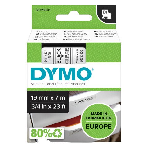 Ruban polyester Dymo D1 19 mm S0720820 transparent écriture noire