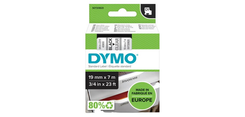 Ruban polyester Dymo D1 19 mm S0720820 transparent écriture noire