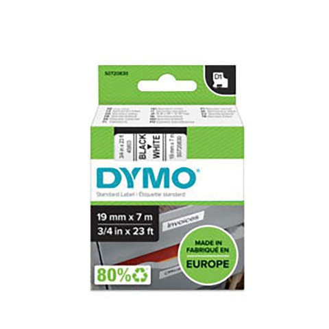 Cinta D1 Ancho 19 mm x 7 m escritura negro, fondo blanco Ref. Dymo 45803