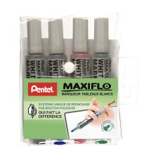 Etui met 4 Pentel Maxiflo markeerstiften voor witbord, grote punt