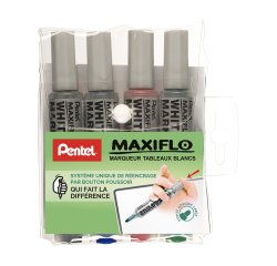 Rotulador borrable Pentel Maxiflo punta cónica 6 mm colores surtidos - Estuche de 4