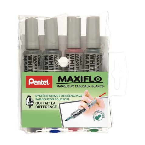 Marqueur effaçable Pentel Maxiflo pointe conique 6 mm couleurs assorties - Pochette de 4