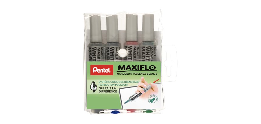 Marqueur effaçable Pentel Maxiflo corps plastique pointe conique 2 à 6 mm rétractable - Pochette de 4