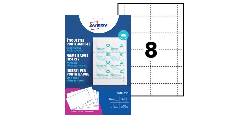 Boîte de 200 inserts microperforés Avery L7418 pour badge 55 x 86 mm