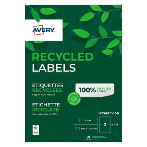 Adresetiketten laser gerecycleerd 199,6 x 143,5 mm Avery LR7168 wit - doos van 200