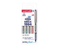 Stylo roller Uni Ball Eye à capuchon couleurs assorties classiques pointe 0,7 mm- écriture moyenne - Pochette de 5