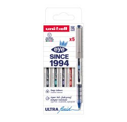 Stylo roller Uni Ball Eye à capuchon couleurs assorties classiques pointe 0,7 mm- écriture moyenne - Pochette de 5
