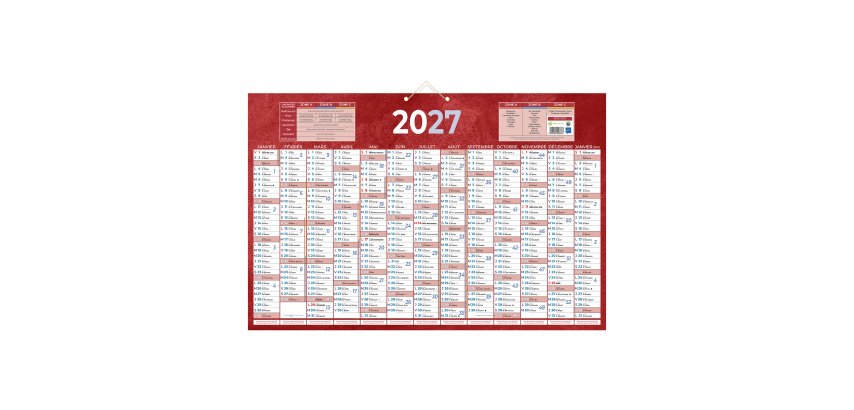 Calendrier annuel mural année 2027 - 13 mois recto / blanc verso - 43 x 65 cm