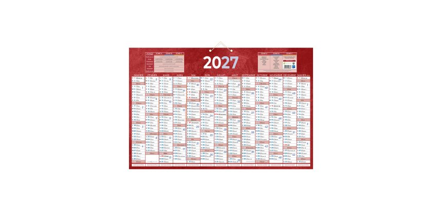Calendrier annuel mural année 2027 - 13 mois recto / blanc verso - 43 x 65 cm