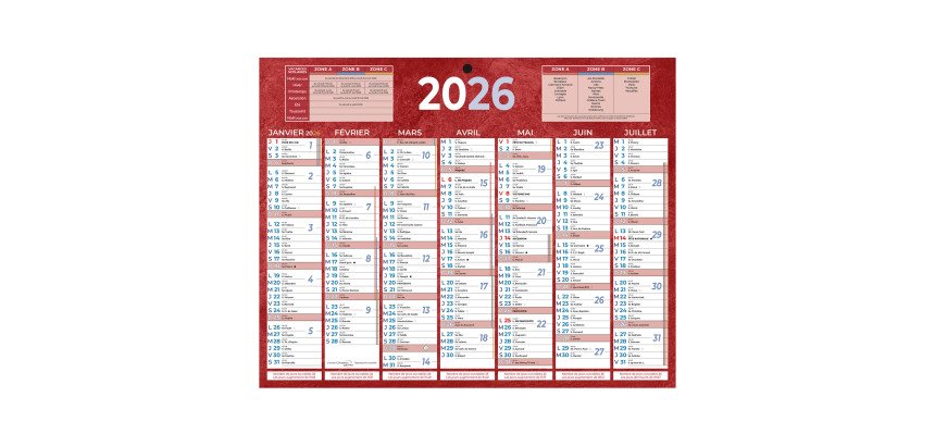 Calendrier semestriel mural année 2026 - 21 x 26,5 cm - 7 mois