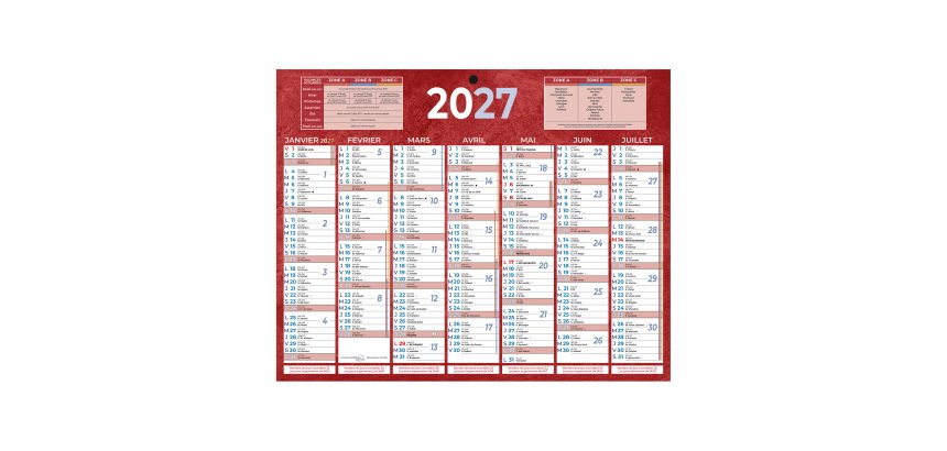 Calendrier semestriel mural année 2027 - 21 x 26,5 cm - 7 mois