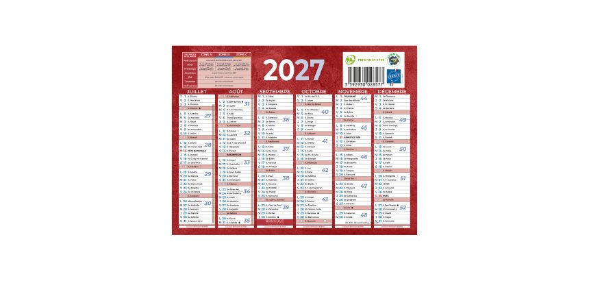 Calendrier semestriel mural année 2027 - 13,5 x 17,5 cm