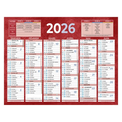 Calendrier semestriel mural année 2026 - 13,5 x 17,5 cm