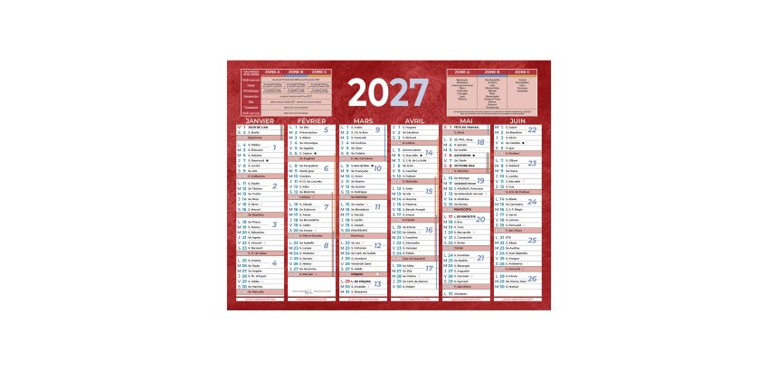 Calendrier semestriel mural année 2027 - 13,5 x 17,5 cm