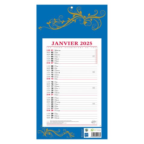 Bloc mensuel à feuillets Millésimé 2025 - bleu - L 19 x H 36 cm