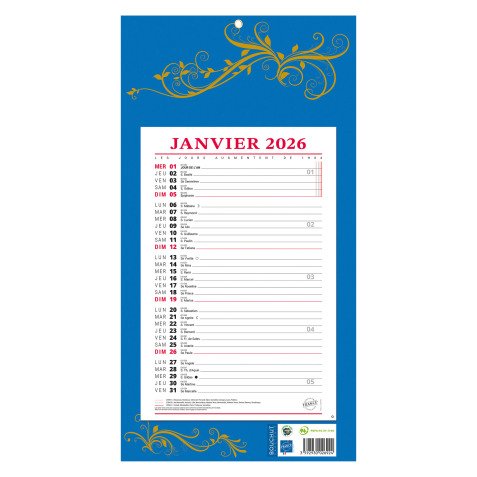 Bloc mensuel à feuillets Millésimé 2026 - bleu - L 19 x H 36 cm