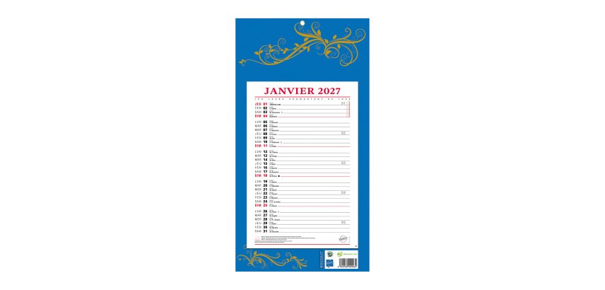 Bloc mensuel à feuillets Millésimé 2027 - 19 x 36 cm