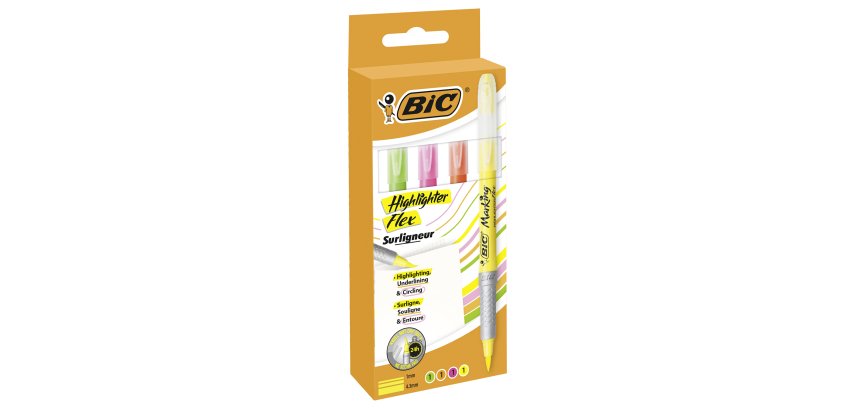 Surligneur pinceau Highlighter Flex Bic - Pochette de 4