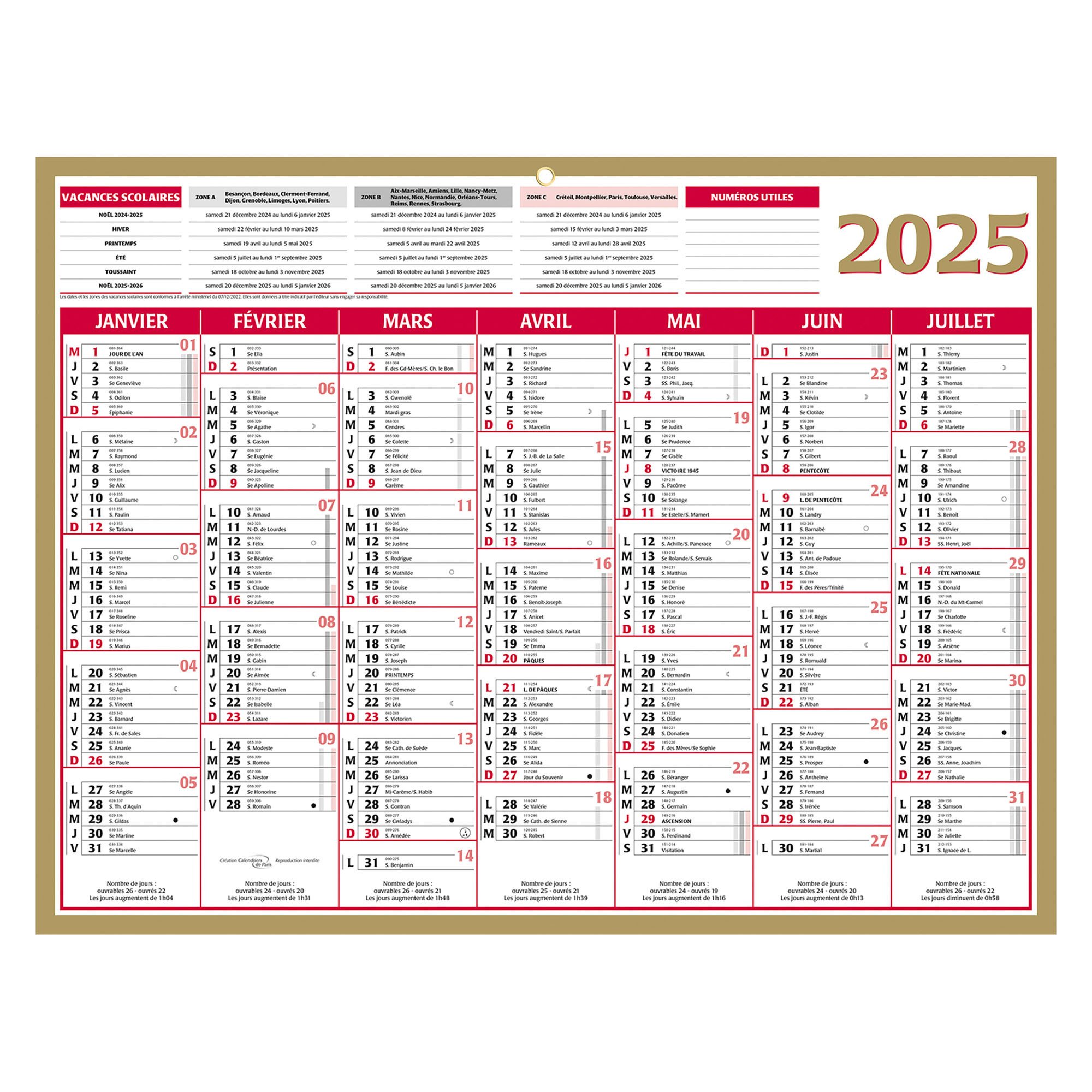 Calendrier semestriel mural 2025 Or L 42 x 32 cm
