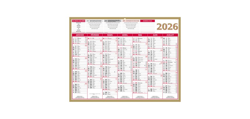 Calendrier semestriel mural 2026 - Or - 32 x 42 cm