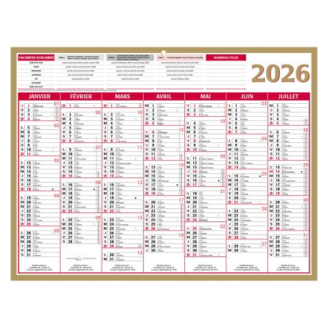 Calendrier semestriel mural 2026 - Or - L 42 x 32 cm
