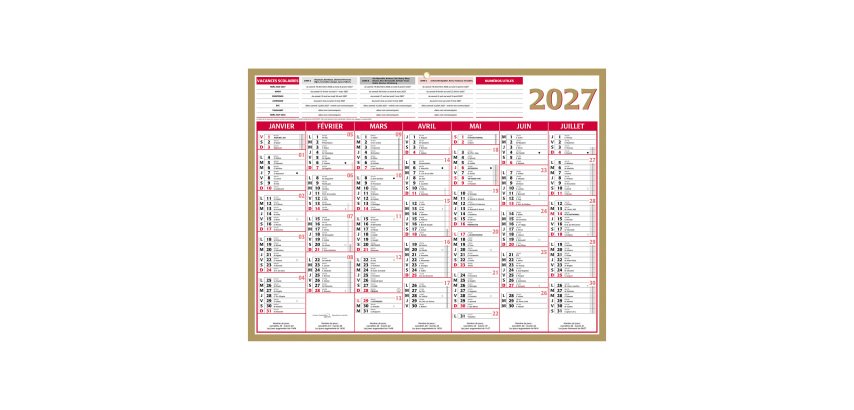 Calendrier semestriel mural 2027 - Or - L 42 x 32 cm