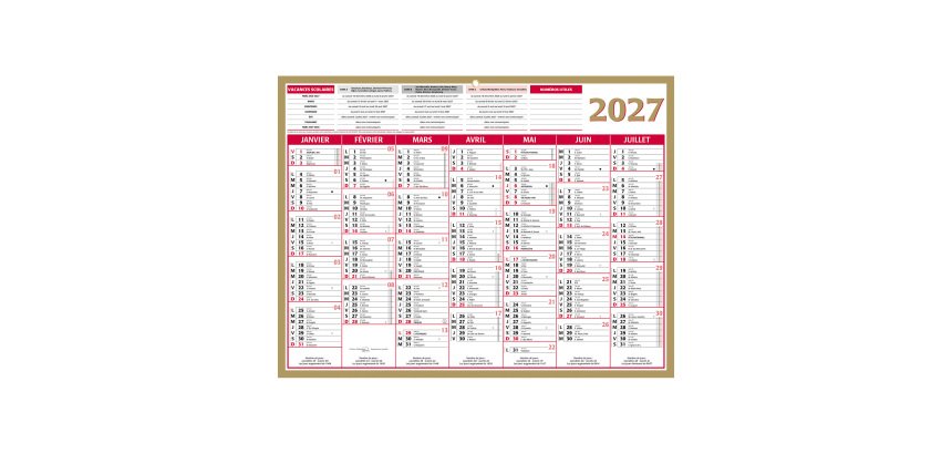 Calendrier semestriel mural 2027 - Or - 32 x 42 cm
