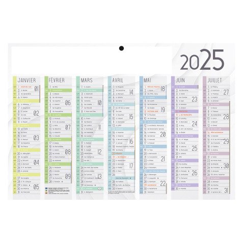 Calendrier semestriel mural 2025 - marque-pages souple - L 29,5 x H 20 cm