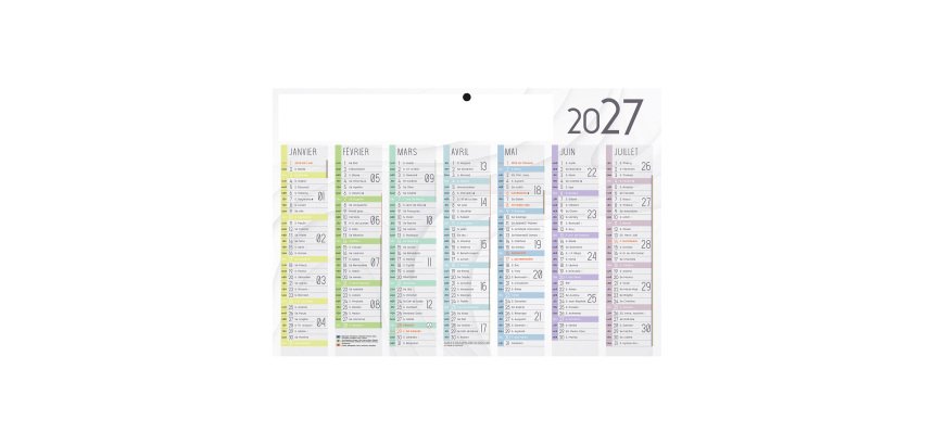 Calendrier semestriel mural 2027 - marque-pages souple - L 29,5 x H 20 cm