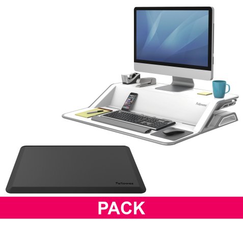 Ergonomic pack white sit-stand workstation Lotus and anti-fatigue mat Fellowes 