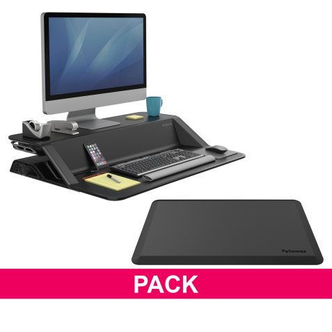 Ergonomic pack black sit-stand workstation Lotus and anti-fatigue mat Fellowes 