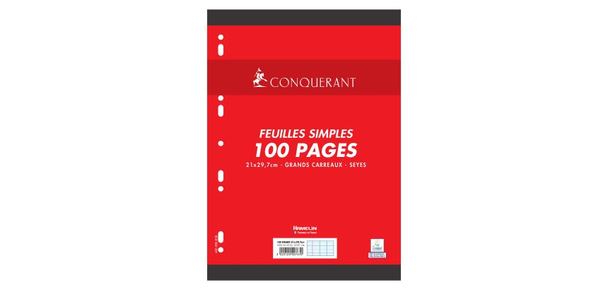 Etui 100 feuillets mobiles simples Conquérant Sept format A4 21 x 29,7 cm grands carreaux