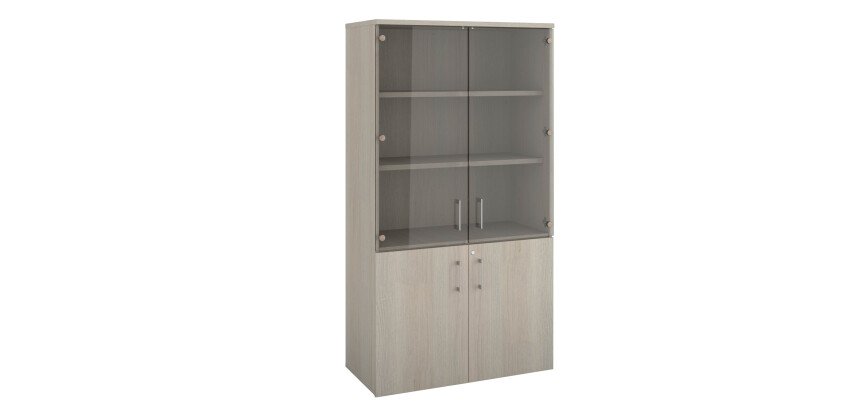 Wooden bookshelf Ecla with high glass doors and low wood doors H 182 x W 100 cm