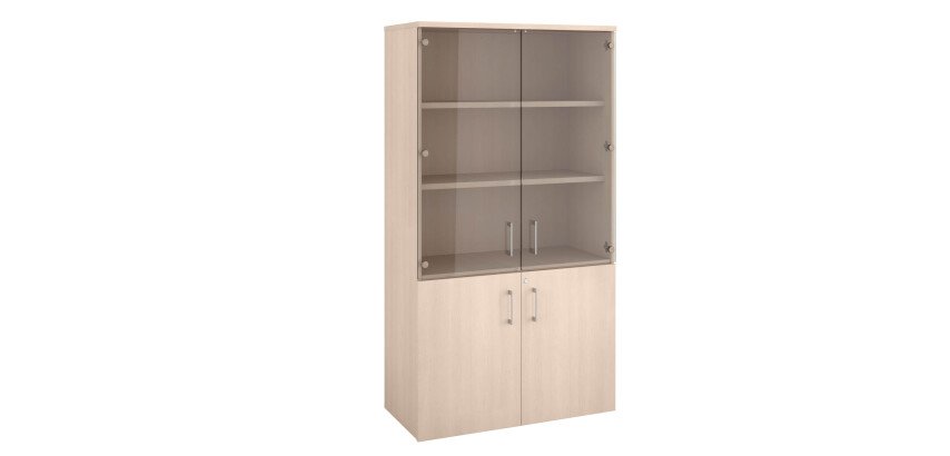 Wooden bookshelf Ecla with high glass doors and low wood doors H 182 x W 100 cm