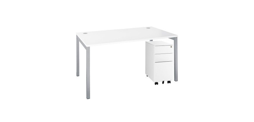 Squadra right office pack L120 x D80 cm white top gray aluminum legs + white narrow mobile metal pedestal