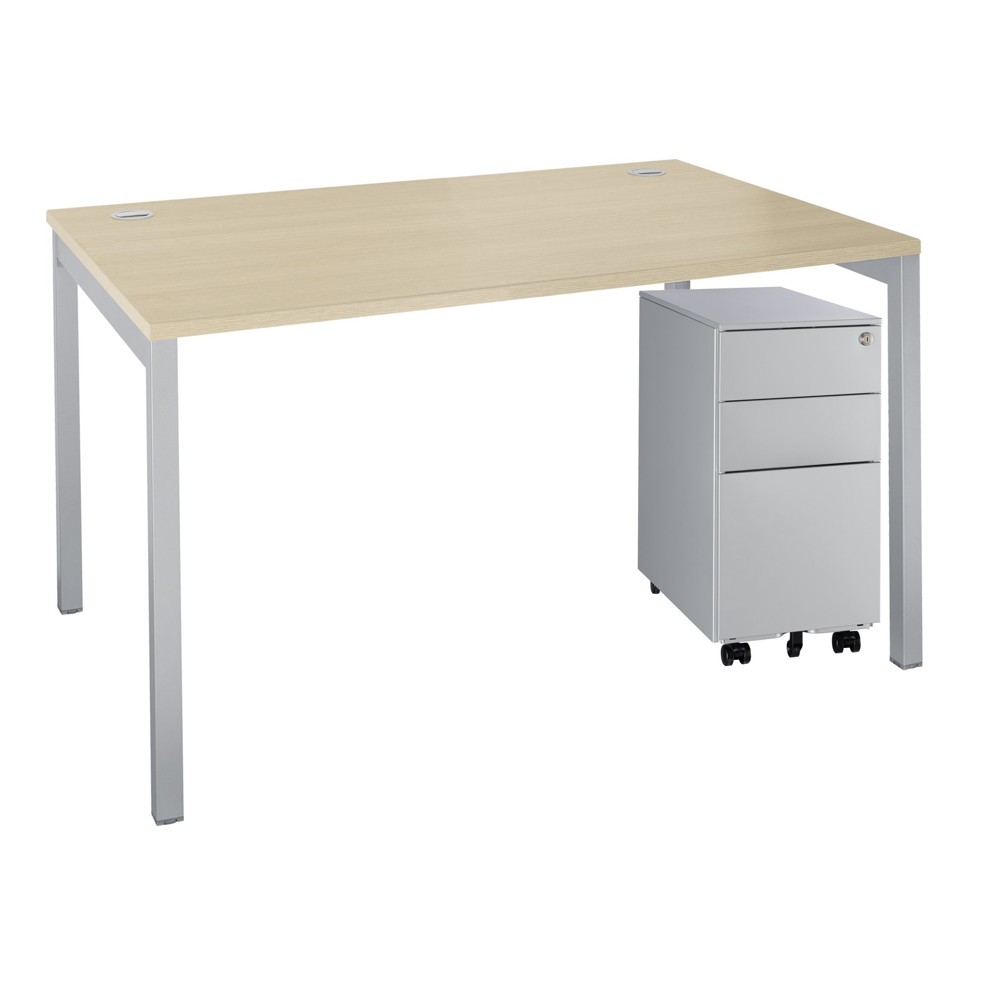 Pack bureau L 120 cm Squadra chêne clair + caisson mobile 3 tiroirs petite largeur aluminium Bruneau