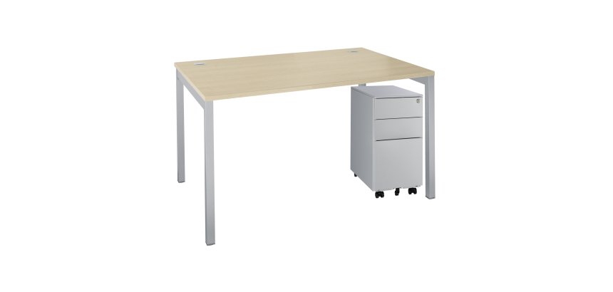 Pack bureau L 120 cm Squadra chêne clair + caisson mobile 3 tiroirs petite largeur aluminium Bruneau