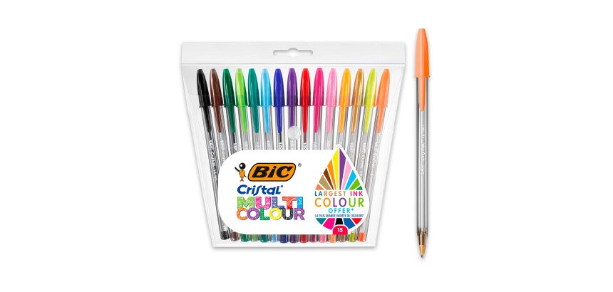 Stylo bille Bic Cristal Multicolour écriture large - Pochette de 15 couleurs assorties