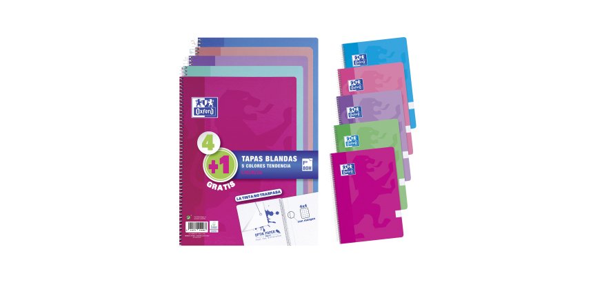 Cuadernos tapa blanda Folio 80 hojas 4x4 colores tendencia Oxford - Pack 4 + 1 GRATIS