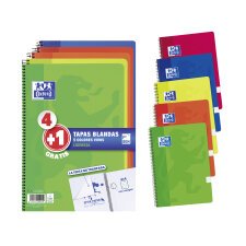 Cuadernos tapa blanda folio 80 hojas 4x4 colores vivos Oxford - Pack 4 +1 GRATIS