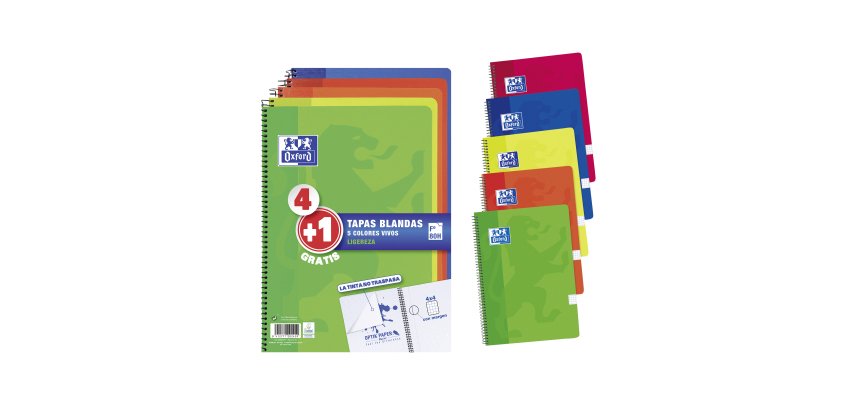 Cuadernos tapa blanda folio 80 hojas 4x4 colores vivos Oxford - Pack 4 +1 GRATIS