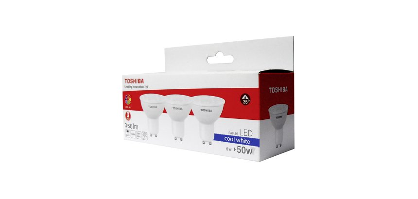 Pack 3 bombillas LED Toshiba dicroicas GU10, 5W, luz blanca fría