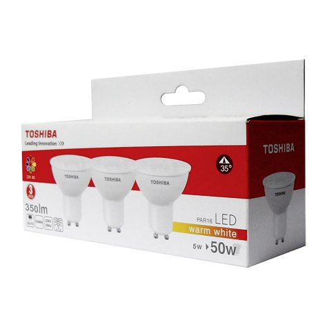 Pack 3 bombillas LED Toshiba dicroicas GU10, 5W, luz cálida