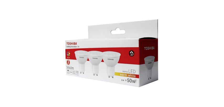Pack 3 bombillas LED Toshiba dicroicas GU10, 5W, luz cálida