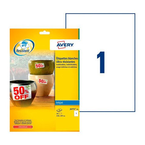 Etiquetas poliéster Inkjet 210 x 297 resistentes a intemperie -20 a 80 grados irrompible Avery J4775