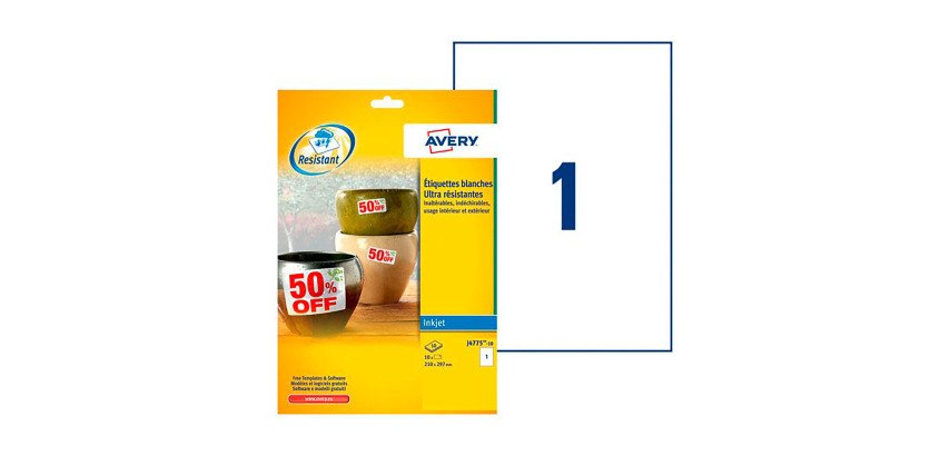 Box of 10 super strong labels Avery J 4775 210 x 297 mm white for inkjet printer